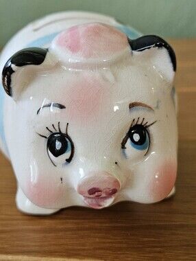 Vintage Ceramic Piggy Bank Japan Blue Pink Flowers Hat w Stopper
